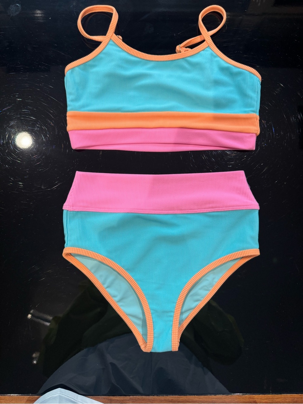 Girls’ Beach Riot Colorblock High-Waist Bikini Set - Aqua, Pink & Orange Trim